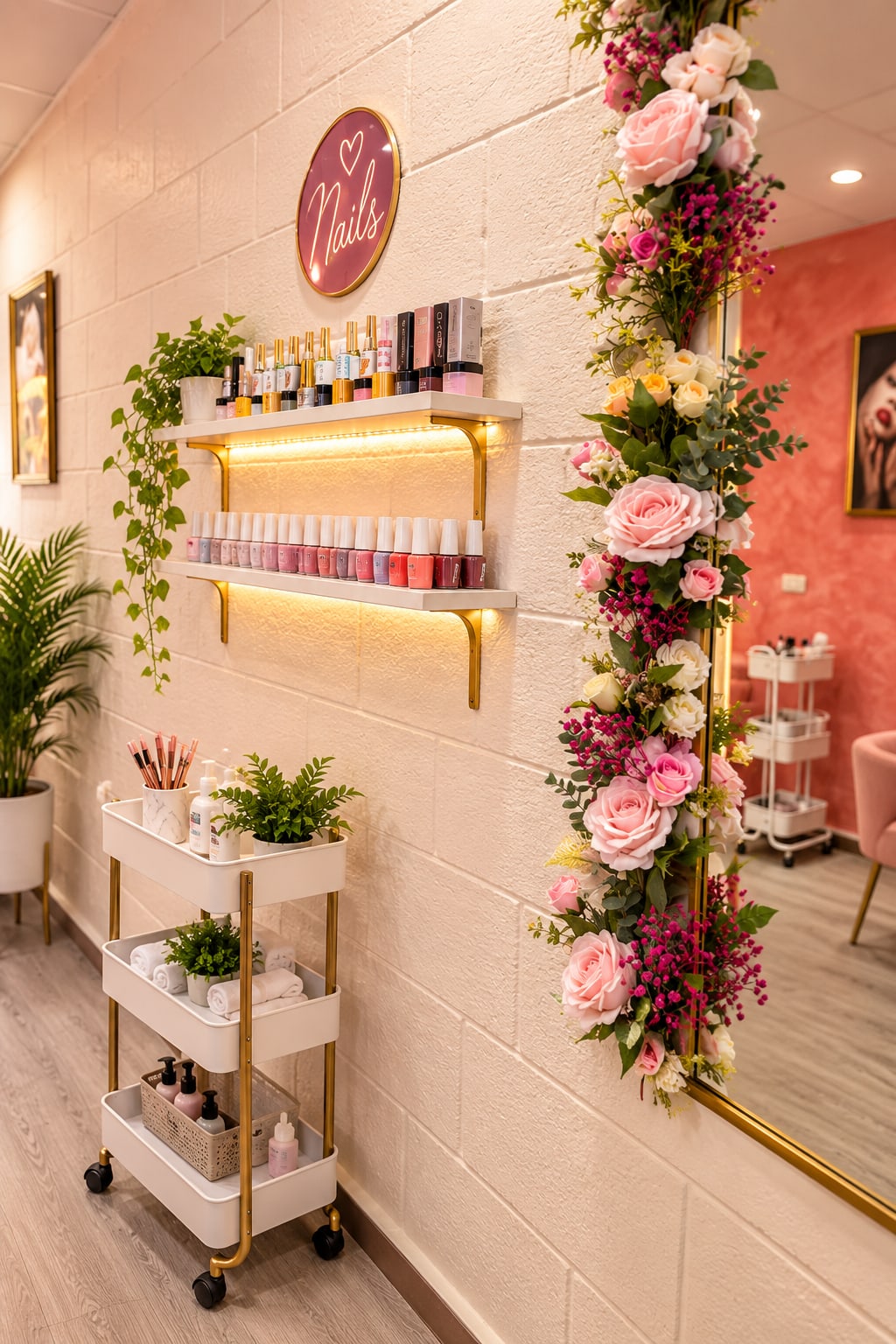 Esmaltes, flores y espejo dorado en el área de uñas de Piel Dorada
